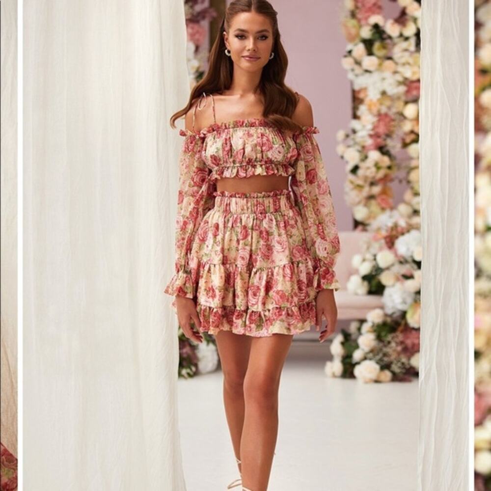 Alamour Shailee Flare Skirt Set Rose Floral Pink Size Medium Romantic Girly